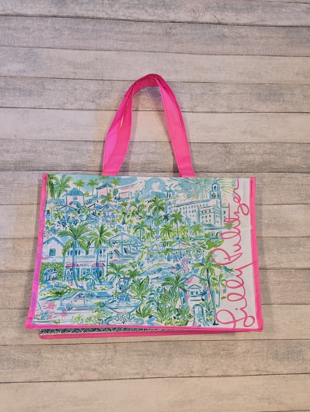 Lilly Pulitzer Pink Trim Coastal Scene Tote Reusable Bag